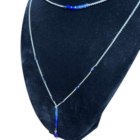 Lucky Brand Blue Beaded Layered Necklace | Silver Tone Y-Drop | 20” - Picture 4 of 5